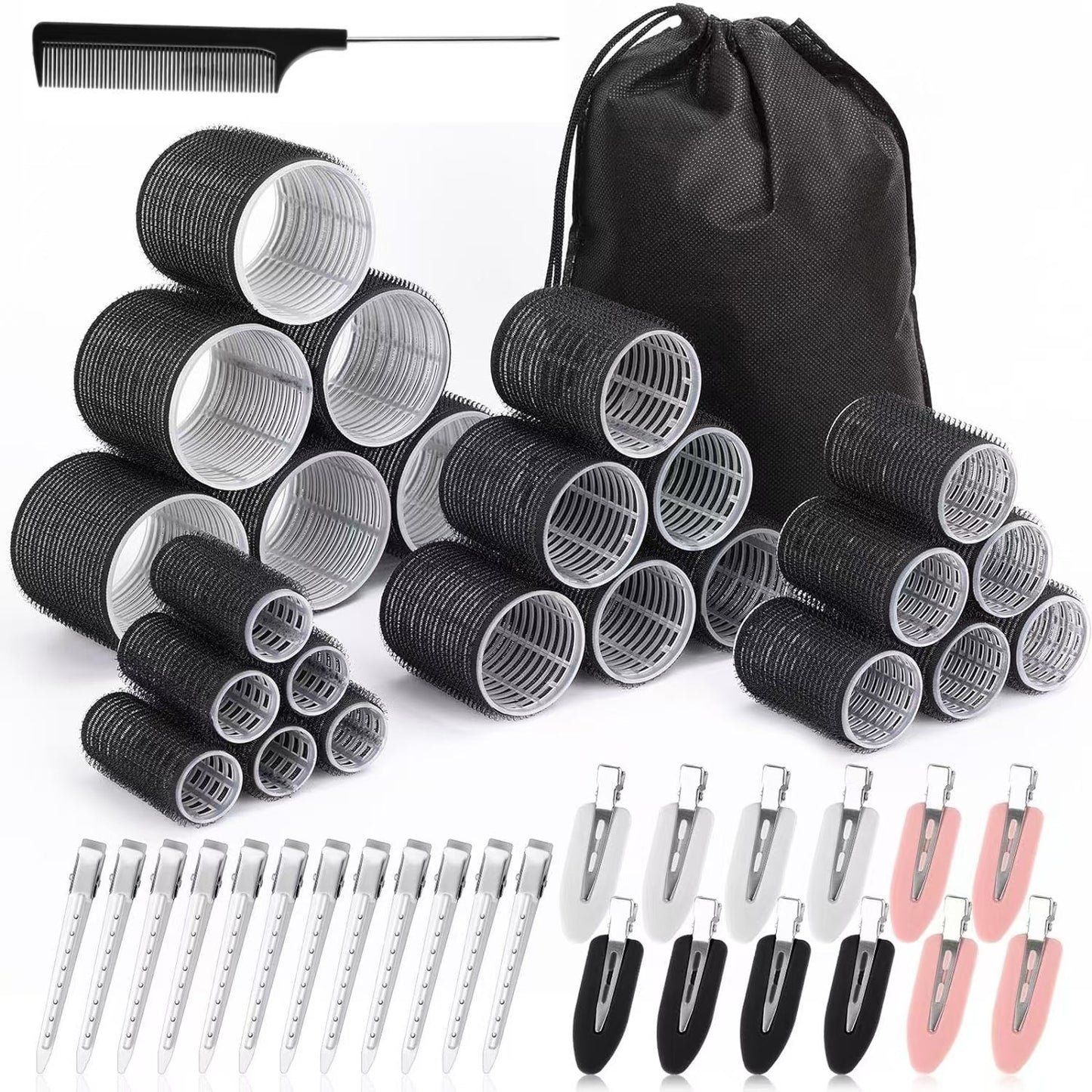 Black 50-Piece Pink Plastic Hair Rollers Set with Clips and Storage Bag for At-Home Styling - Multi-Size V888-ELOSUNG43752