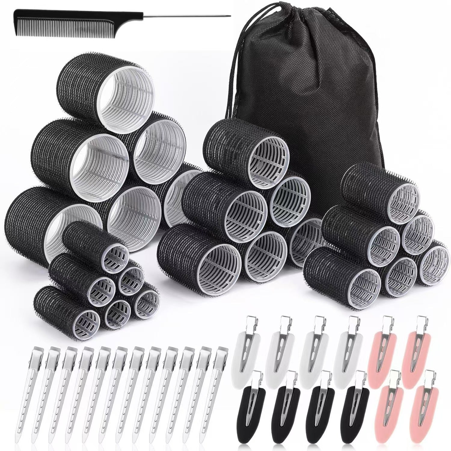 Black 50-Piece Pink Plastic Hair Rollers Set with Clips and Storage Bag for At-Home Styling - Multi-Size V888-ELOSUNG43752