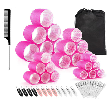 Rose red 50-Piece Pink Plastic Hair Rollers Set with Clips and Storage Bag for At-Home Styling - Multi-Size V888-ELOSUNG43753
