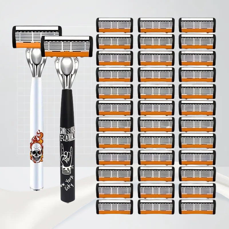 2-Pack 6-Layer Manual Razor with 36 Replacement Blades - Ultra-Close Shave for Men, Stainless Steel Handle V888-ELOSUNG43800