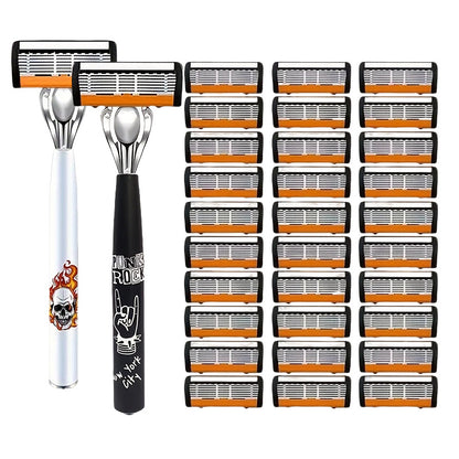 2-Pack 6-Layer Manual Razor with 30 Replacement Blades - Ultra-Close Shave for Men, Stainless Steel Handle V888-ELOSUNG43803