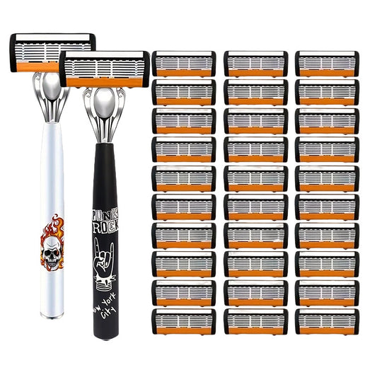 2-Pack 6-Layer Manual Razor with 30 Replacement Blades - Ultra-Close Shave for Men, Stainless Steel Handle V888-ELOSUNG43803