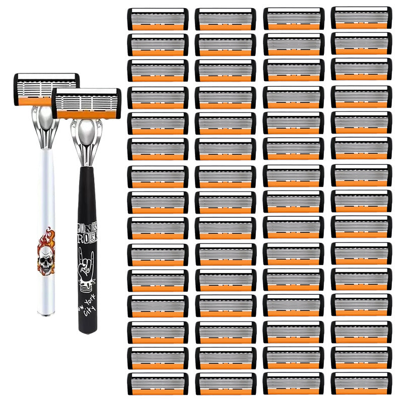 2-Pack 6-Layer Manual Razor with 60 Replacement Blades - Ultra-Close Shave for Men, Stainless Steel Handle V888-ELOSUNG43804
