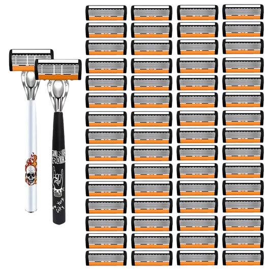 2-Pack 6-Layer Manual Razor with 60 Replacement Blades - Ultra-Close Shave for Men, Stainless Steel Handle V888-ELOSUNG43804
