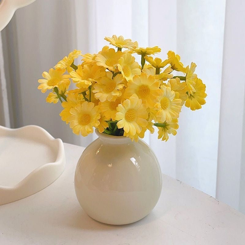 Ceramic Vase with Artificial Flowers Set - Mini Decorative Pot for Home Living Room or Desk Display(White V888-ELOSUNG43805