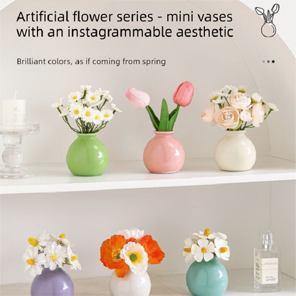 Ceramic Vase with Artificial Flowers Set - Mini Decorative Pot for Home Living Room or Desk Display(White V888-ELOSUNG43805