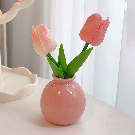 Ceramic Vase with Artificial Flowers Set - Mini Decorative Pot for Home Living Room or Desk Display(Dark pink V888-ELOSUNG43806