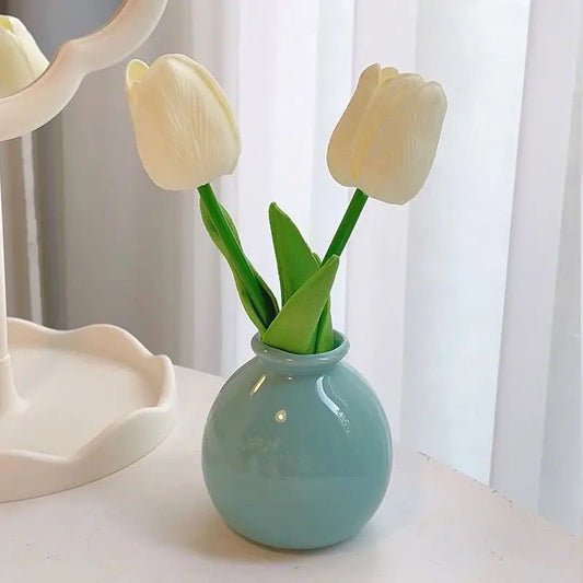 Ceramic Vase with Artificial Flowers Set - Mini Decorative Pot for Home Living Room or Desk Display(Blue V888-ELOSUNG43807