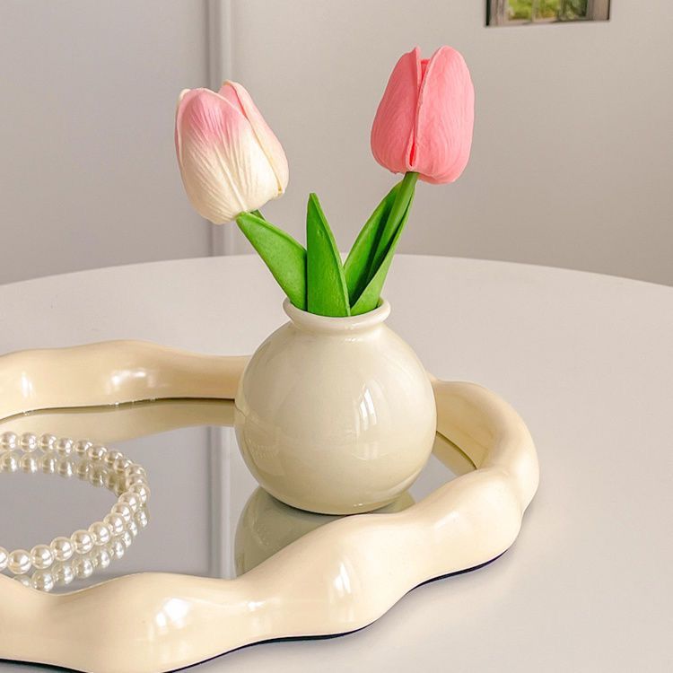 Ceramic Vase with Tulip Artificial Flowers Set - Mini Decorative Pot for Home Living Room or Desk Display V888-ELOSUNG43808