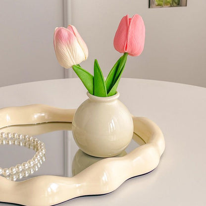 Ceramic Vase with Tulip Artificial Flowers Set - Mini Decorative Pot for Home Living Room or Desk Display V888-ELOSUNG43808