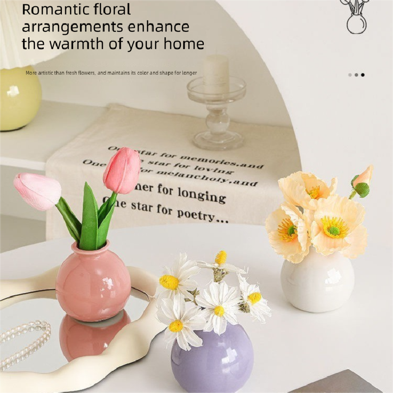 Ceramic Vase with Tulip Artificial Flowers Set - Mini Decorative Pot for Home Living Room or Desk Display V888-ELOSUNG43808