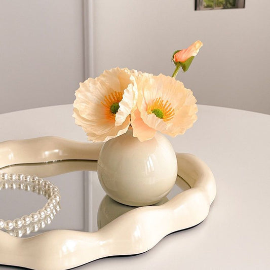 Ceramic Vase with Poppy Artificial Flowers Set - Mini Decorative Pot for Home Living Room or Desk Display V888-ELOSUNG43809