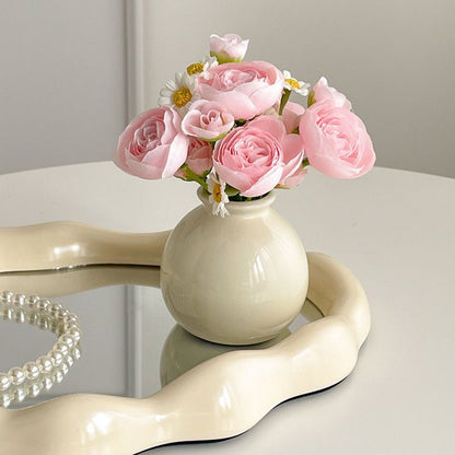 Ceramic Vase with camellia bud Artificial Flowers Set - Mini Decorative Pot for Home Living Room or Desk V888-ELOSUNG43810