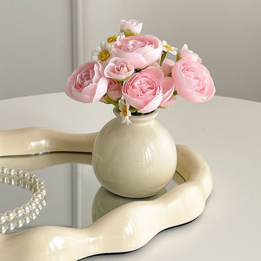 Ceramic Vase with camellia bud Artificial Flowers Set - Mini Decorative Pot for Home Living Room or Desk V888-ELOSUNG43810