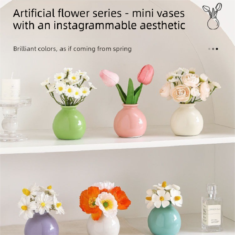 Ceramic Vase with Hydrangea Artificial Flowers Set - Mini Decorative Pot for Home Living Room or Desk Display V888-ELOSUNG43811