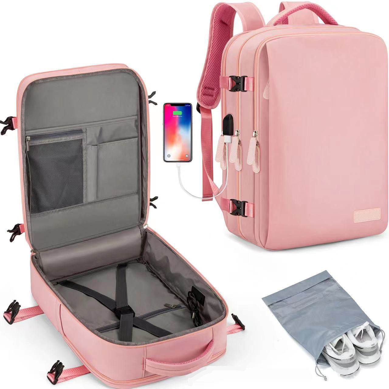 Pink Large Capacity Backpack with USB Charging Port and Waterproof Fabric for Travel Work and Daily Use V888-ELOSUNG43812