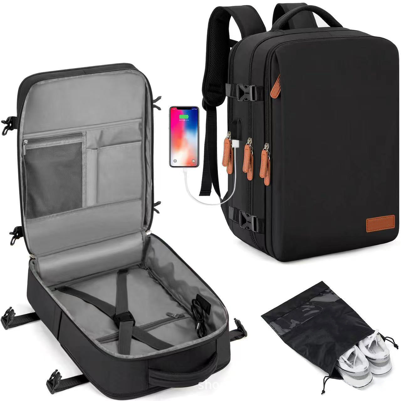 Black Large Capacity Backpack with USB Charging Port and Waterproof Fabric for Travel Work and Daily Use V888-ELOSUNG43813