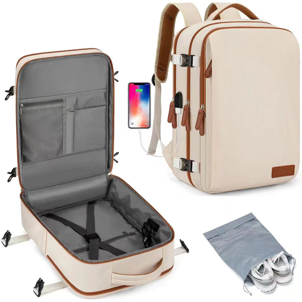 Beige Large Capacity Backpack with USB Charging Port and Waterproof Fabric for Travel Work and Daily Use V888-ELOSUNG43814