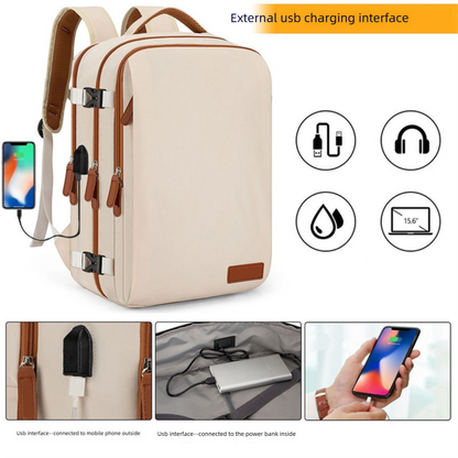Beige Large Capacity Backpack with USB Charging Port and Waterproof Fabric for Travel Work and Daily Use V888-ELOSUNG43814
