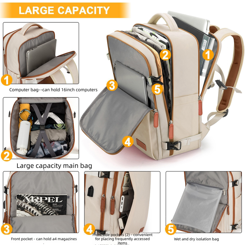 Beige Large Capacity Backpack with USB Charging Port and Waterproof Fabric for Travel Work and Daily Use V888-ELOSUNG43814