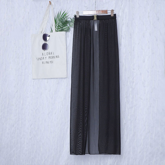 Black High-Waisted White Swim Skirt with Gold Buckle Belt - Elegant Long Beach Cover-Up for Women, Ideal for V888-ELOSUNG43864