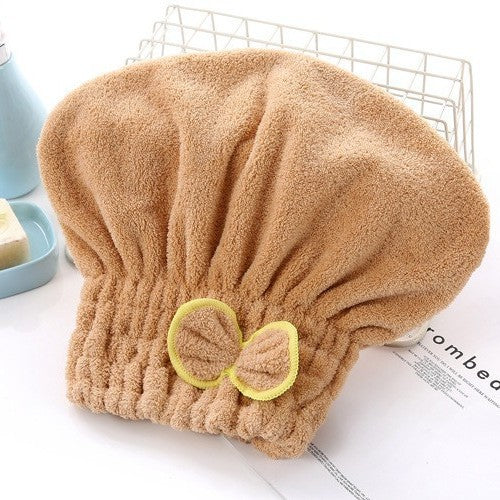 3-Pack Coffee color Thickened Coral Fleece Hair Drying Towel Cap - Double-Layered Absorbent Turban with Bow V888-ELOSUNG43881