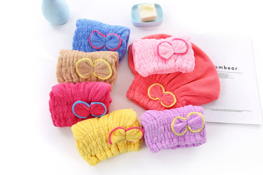 3-Pack Coffee color Thickened Coral Fleece Hair Drying Towel Cap - Double-Layered Absorbent Turban with Bow V888-ELOSUNG43881