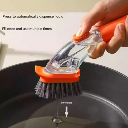Orange Long-Handled Liquid Dispensing Pot Scrubber - Multi-Use Kitchen Cleaning Brush with Built-In Detergent V888-ELOSUNG43890