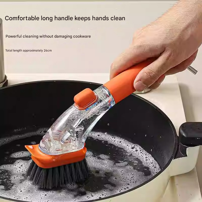 Orange Long-Handled Liquid Dispensing Pot Scrubber - Multi-Use Kitchen Cleaning Brush with Built-In Detergent V888-ELOSUNG43890
