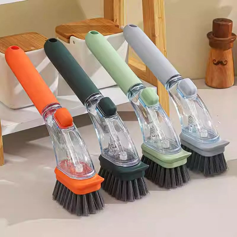 Orange Long-Handled Liquid Dispensing Pot Scrubber - Multi-Use Kitchen Cleaning Brush with Built-In Detergent V888-ELOSUNG43890