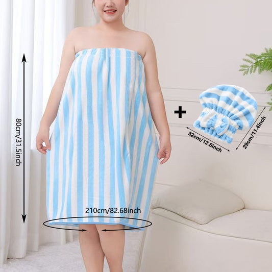 Blue Coral Fleece Bath Skirt with Matching Hair Towel - Soft Absorbent Wrap Dress for Women, Quick-Dry Shower V888-ELOSUNG43902