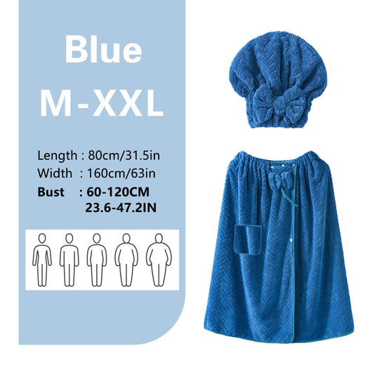 Blue Coral Fleece Bath Skirt with Matching Hair Towel - Soft Absorbent Wrap Dress for Women, Quick-Dry Shower V888-ELOSUNG43902