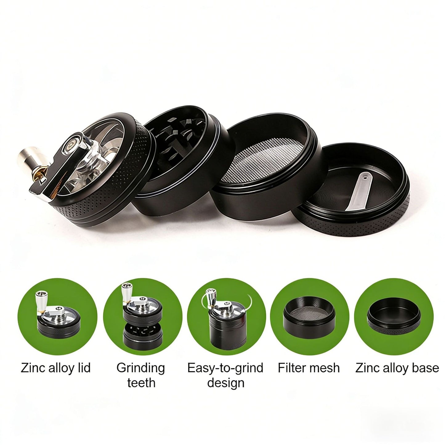 Red 40mm Zinc Alloy 4-Layer Hand-Crank Grinder - Compact Metal Spice & Herb Crusher with Stainless Steel V888-ELOSUNG43905