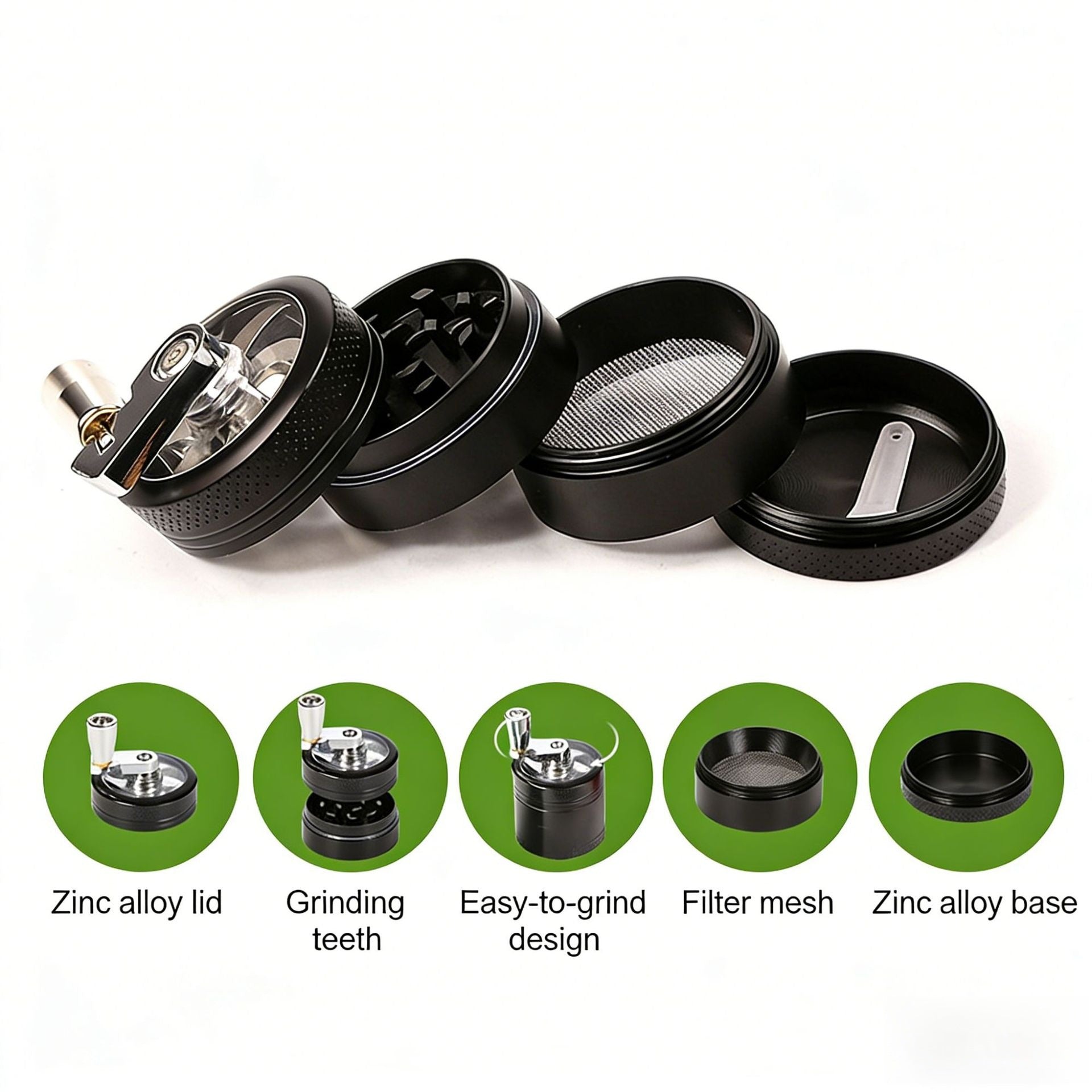 Green 40mm Zinc Alloy 4-Layer Hand-Crank Grinder - Compact Metal Spice & Herb Crusher with Stainless Steel V888-ELOSUNG43907