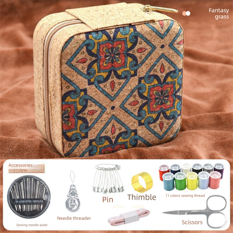 Brown Fantasy Grass Portable Sewing Kit - Compact Travel Set with Needles, Thread, Scissors, Thimble, and Pin V888-ELOSUNG43943