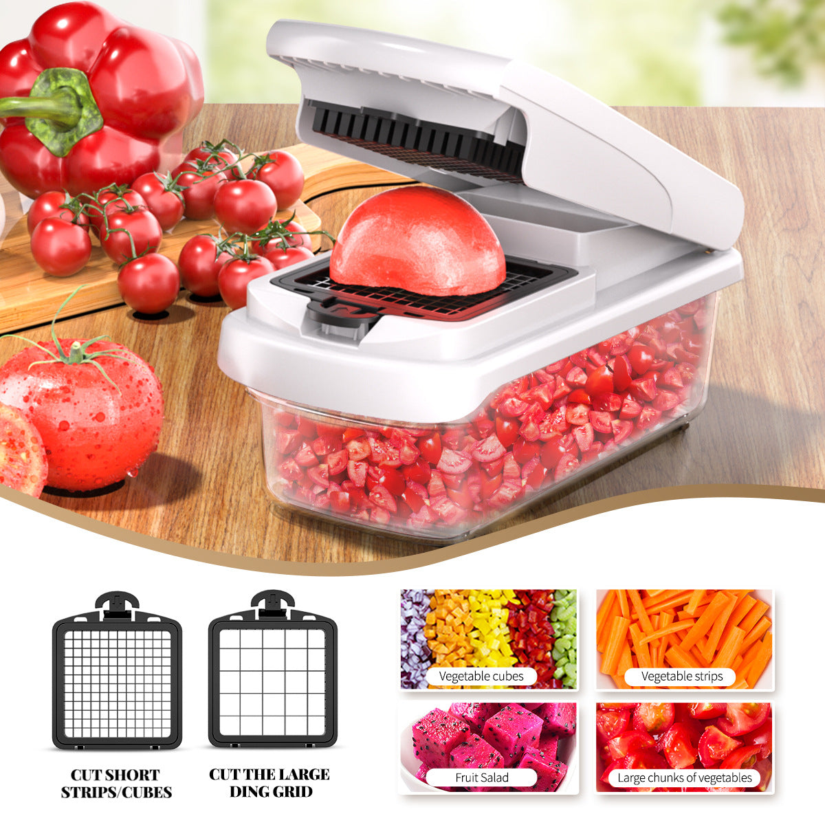 White Multifunctional Vegetable Slicer - Manual Kitchen Cutter with Adjustable Blades for Slicing, Dicing, V888-ELOSUNG43951