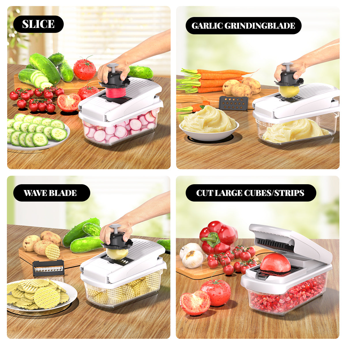 White Multifunctional Vegetable Slicer - Manual Kitchen Cutter with Adjustable Blades for Slicing, Dicing, V888-ELOSUNG43951