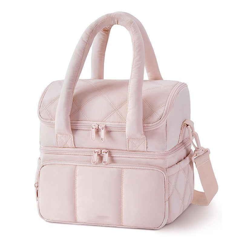 Pink Double-Layer Insulated Lunch Bag - Quilted Design with Top and Bottom Compartments, Shoulder Strap, and V888-ELOSUNG43959