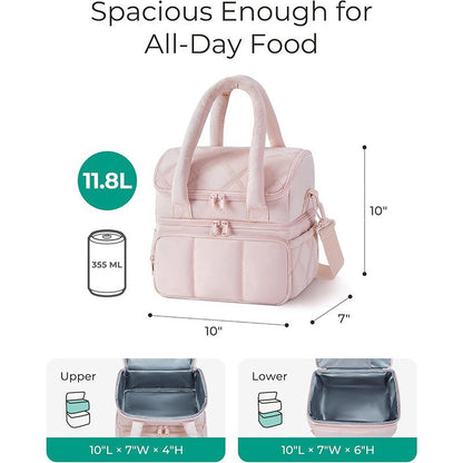 Pink Double-Layer Insulated Lunch Bag - Quilted Design with Top and Bottom Compartments, Shoulder Strap, and V888-ELOSUNG43959