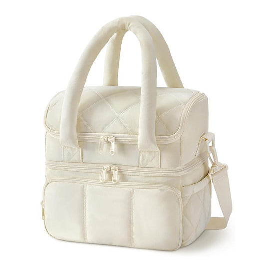 Beige Double-Layer Insulated Lunch Bag - Quilted Design with Top and Bottom Compartments, Shoulder Strap, and V888-ELOSUNG43960