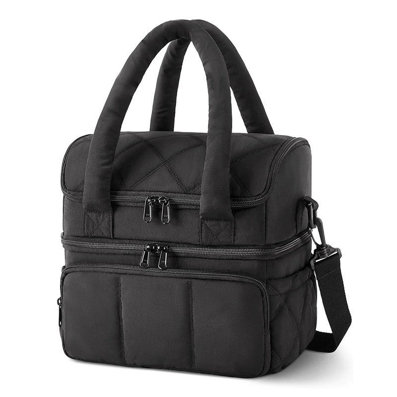 Black Double-Layer Insulated Lunch Bag - Quilted Design with Top and Bottom Compartments, Shoulder Strap, and V888-ELOSUNG43961