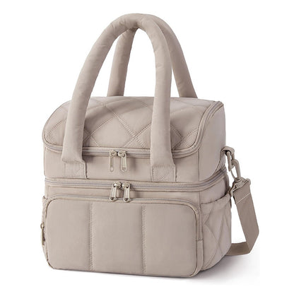 Camel Double-Layer Insulated Lunch Bag - Quilted Design with Top and Bottom Compartments, Shoulder Strap, and V888-ELOSUNG43962