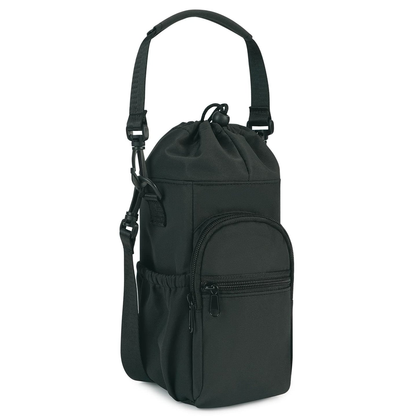 Black Water Bottle Carrier with Drawstring Closure - Adjustable Shoulder Strap, Front Pocket, and Side V888-ELOSUNG43963