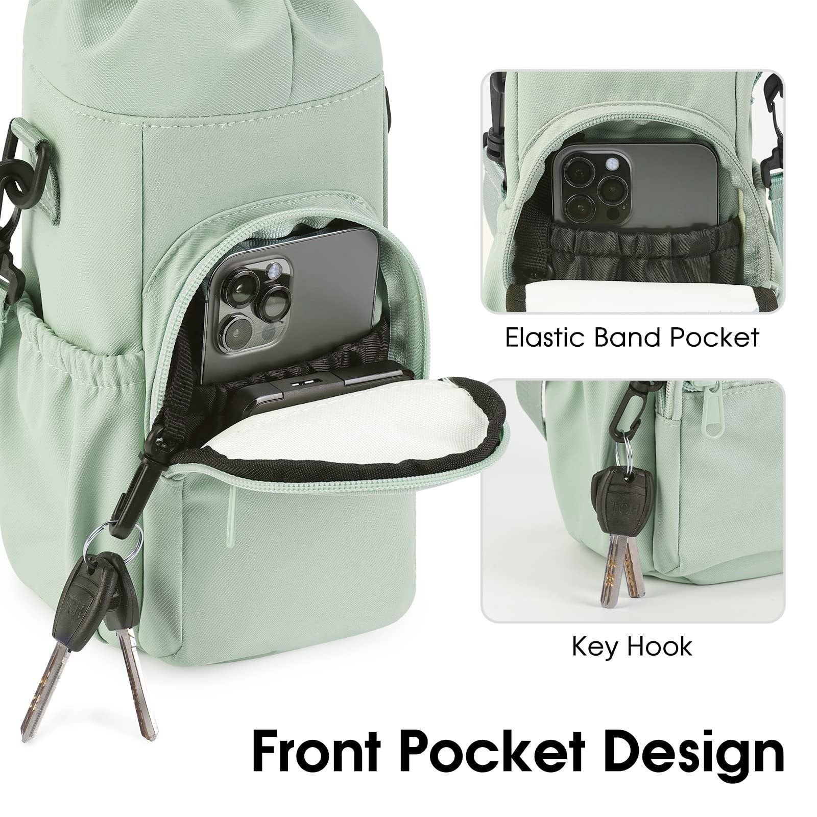 Black Water Bottle Carrier with Drawstring Closure - Adjustable Shoulder Strap, Front Pocket, and Side V888-ELOSUNG43963