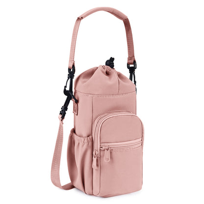 Pink Water Bottle Carrier with Drawstring Closure - Adjustable Shoulder Strap, Front Pocket, and Side Storage V888-ELOSUNG43965