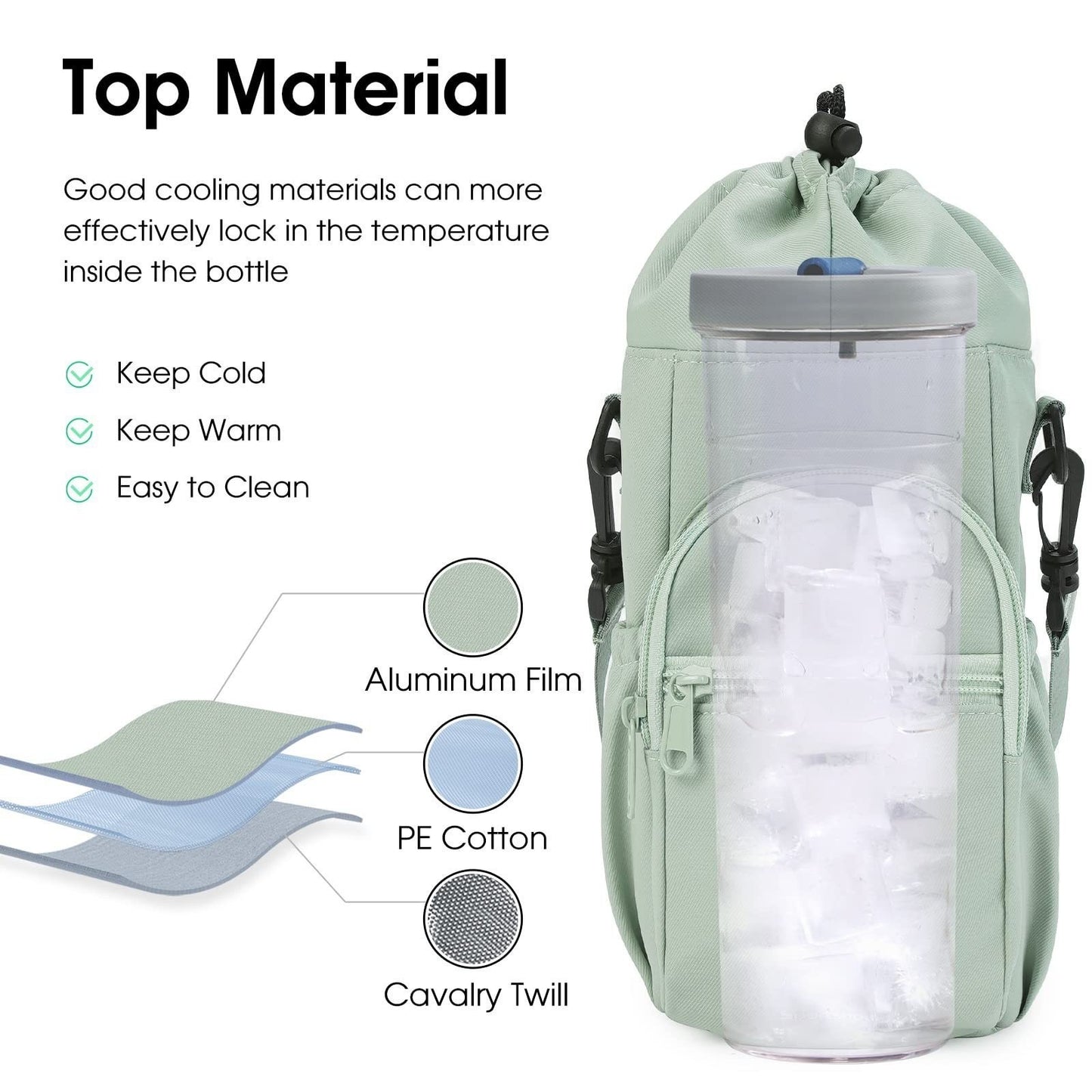 Pink Water Bottle Carrier with Drawstring Closure - Adjustable Shoulder Strap, Front Pocket, and Side Storage V888-ELOSUNG43965