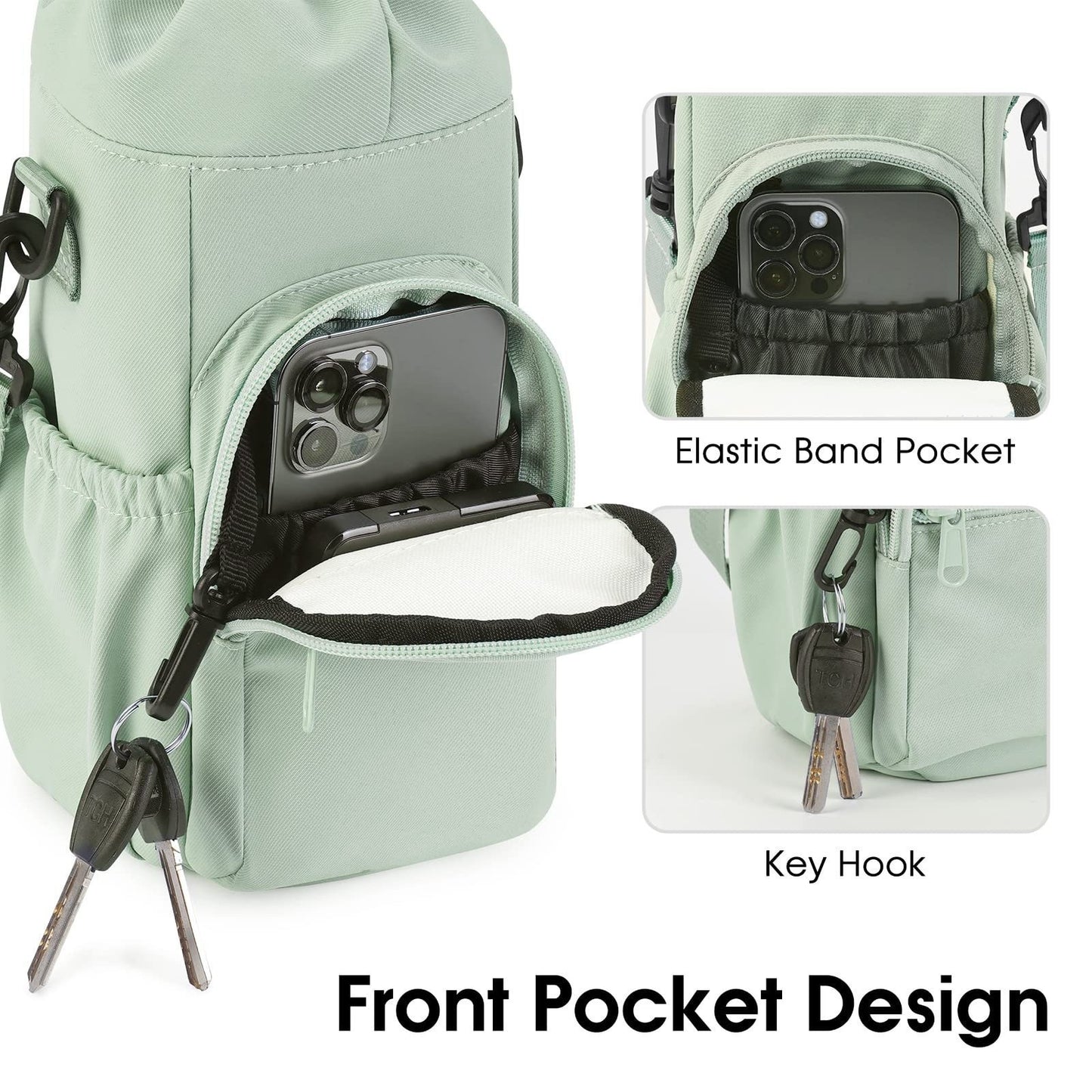 Pink Water Bottle Carrier with Drawstring Closure - Adjustable Shoulder Strap, Front Pocket, and Side Storage V888-ELOSUNG43965