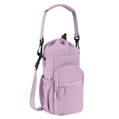 Purple Water Bottle Carrier with Drawstring Closure - Adjustable Shoulder Strap, Front Pocket, and Side V888-ELOSUNG43966