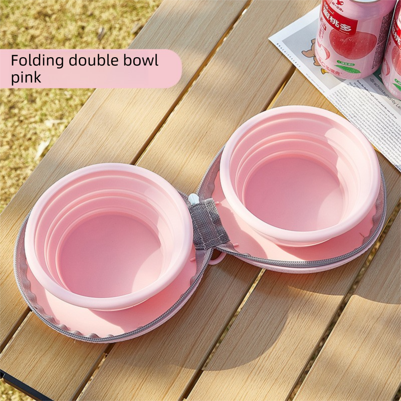 Pink Portable Foldable Dual Bowl for Pets - Silicone Feeding and Water Dish with Compact Storage Design V888-ELOSUNG43973