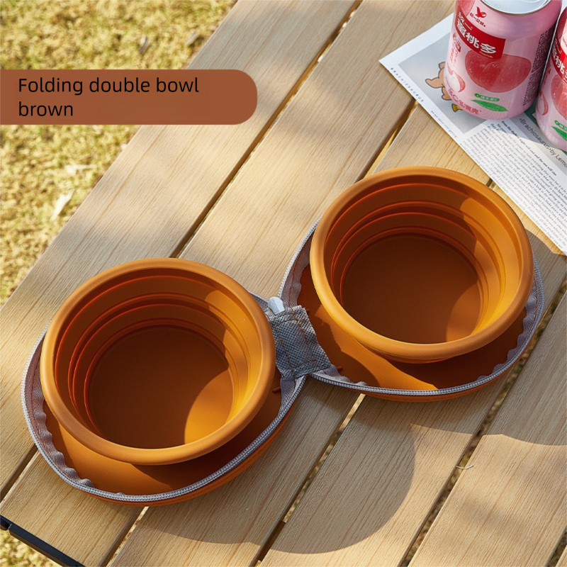 Brown Portable Foldable Dual Bowl for Pets - Silicone Feeding and Water Dish with Compact Storage Design V888-ELOSUNG43974